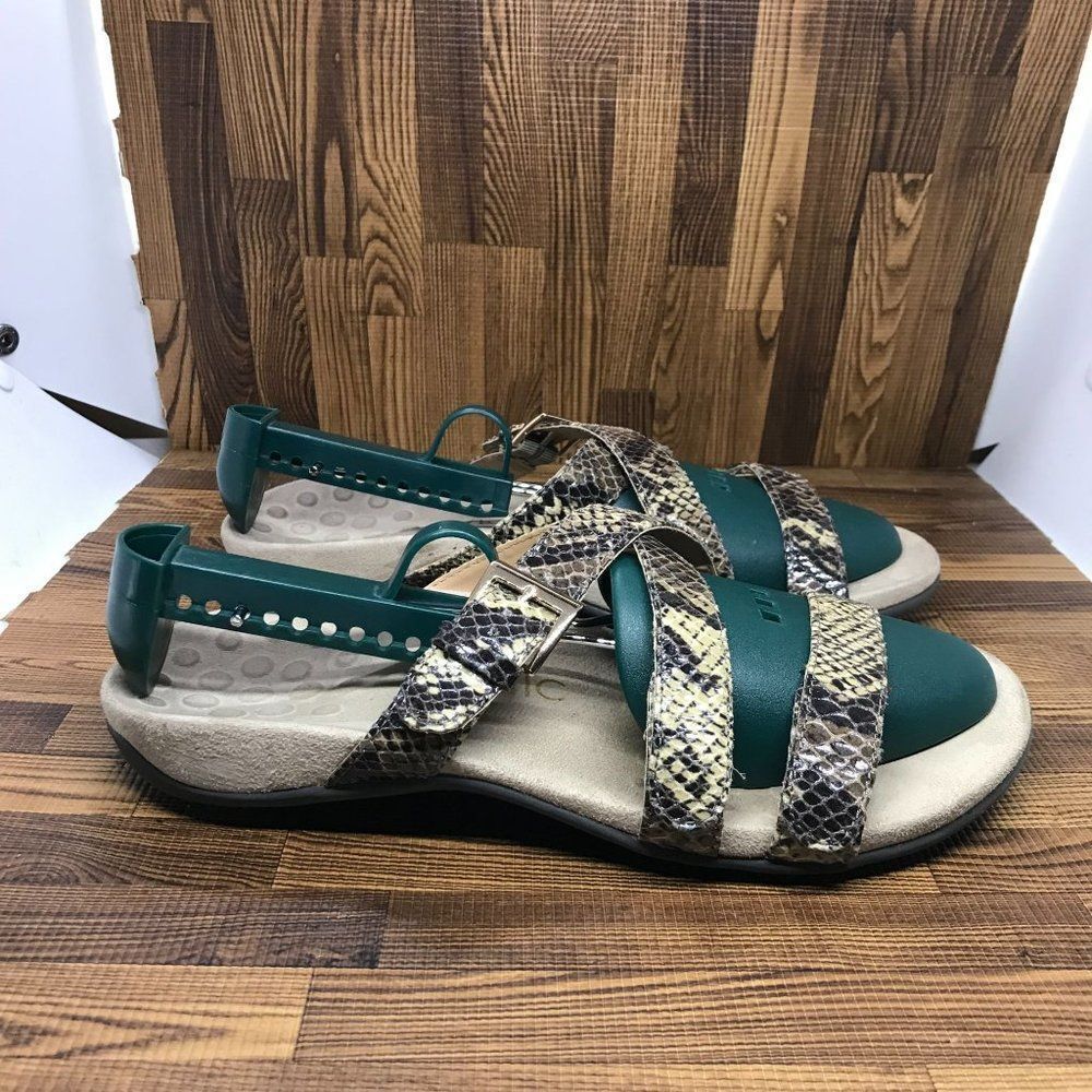 Vionic Radia Green Snake Embossed Adjustable Triple Strap Slide Sandals Size 8